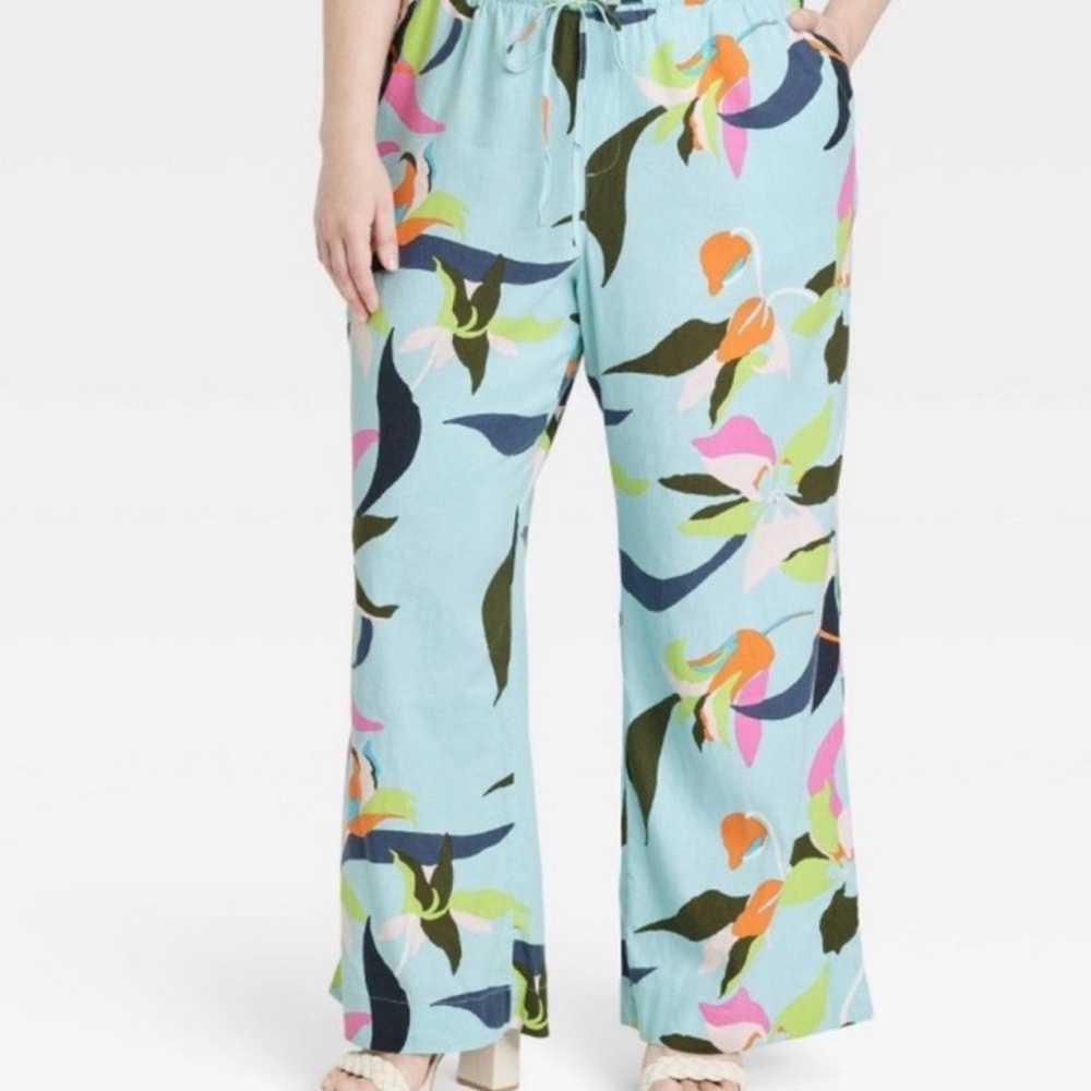 Blue and Pink linen blend Wide Leg Pants with Floral Print
